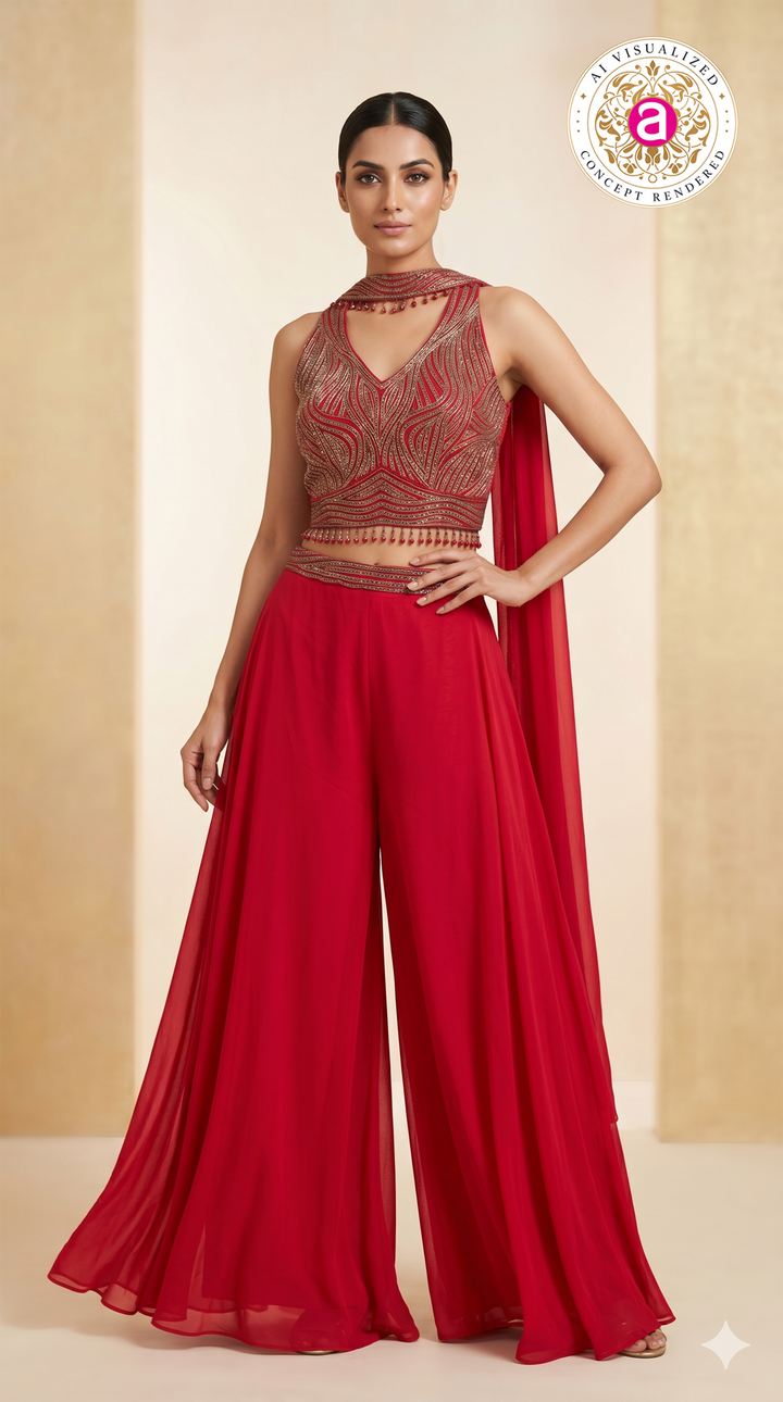 Ruby Red Embellished Palazzo Set with Cape Dupatta