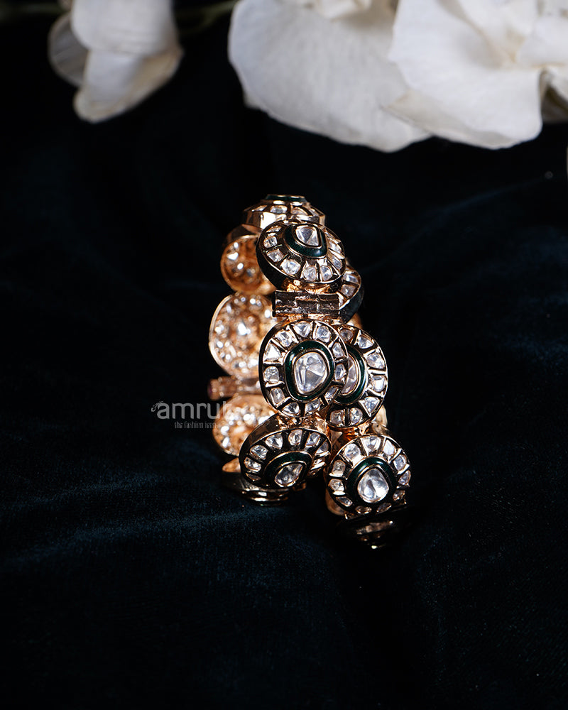 Diamonds and Emerald Stones Gold-Toned Bangle Set