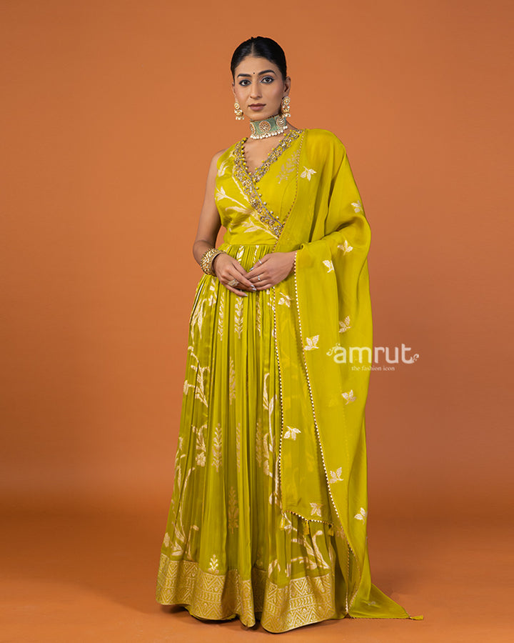 Lime Yellow Zari-Embellished Pleated Anarkali Dress with Dupatta