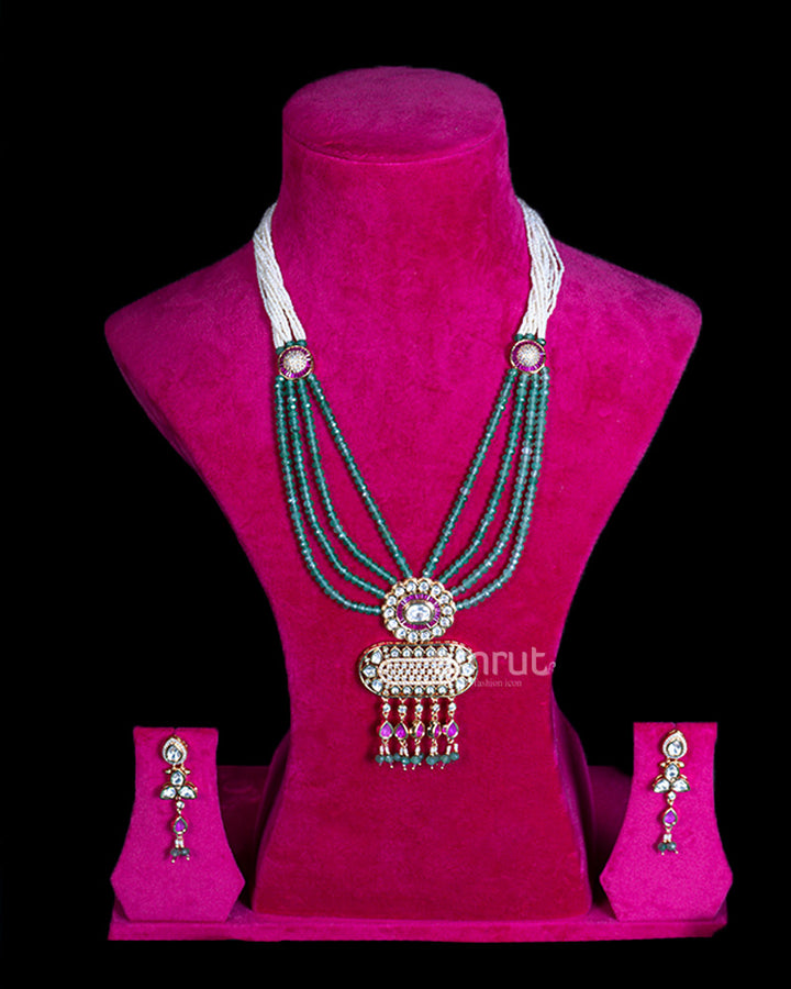 Multi-Layer Green Bead with Diamond-Embellished Pendant Necklace and Earrings