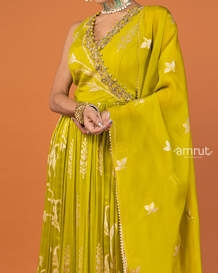 Lime Yellow Zari-Embellished Pleated Anarkali Dress with Dupatta