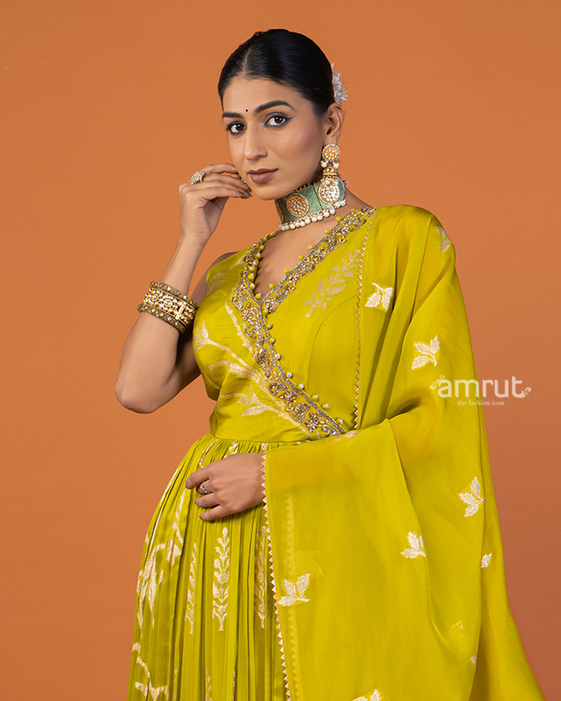 Lime Yellow Zari-Embellished Pleated Anarkali Dress with Dupatta