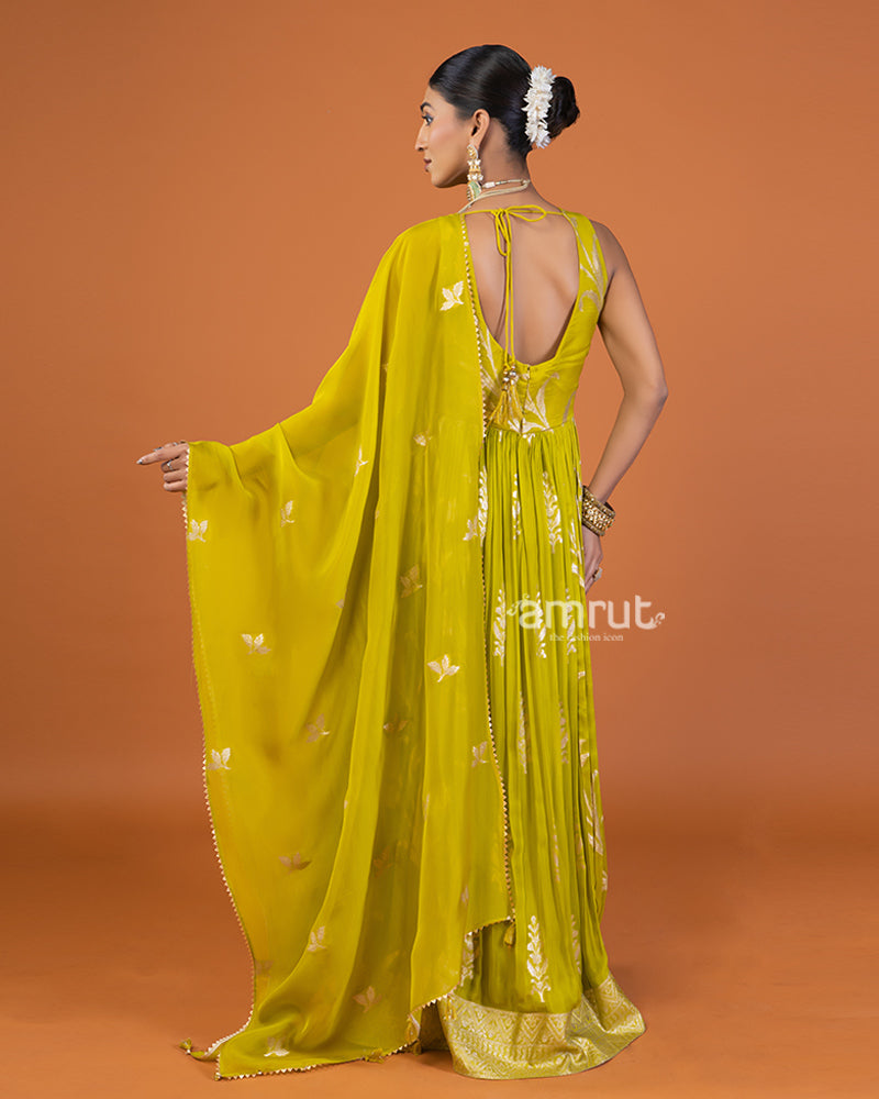 Lime Yellow Zari-Embellished Pleated Anarkali Dress with Dupatta