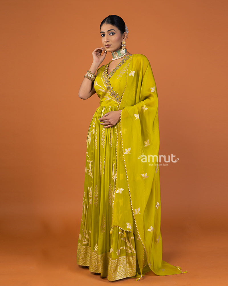 Lime Yellow Zari-Embellished Pleated Anarkali Dress with Dupatta