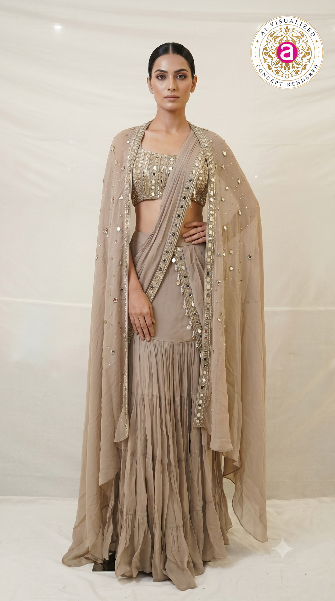 Taupe Mirror Embellished Ready-to-Wear Saree with Cape Dupatta