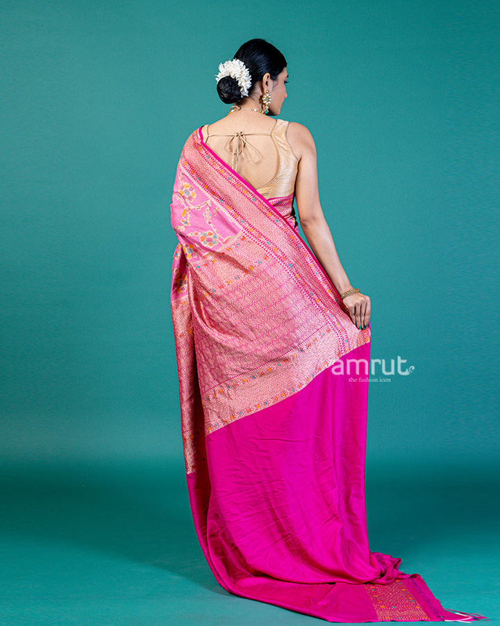 Pink Zari Embroidered Saree with Unstitched Blouse