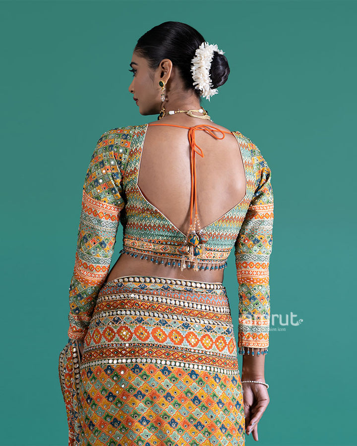 Yellow with Multicolored Mirror Embroidered Saree with Stitched Blouse