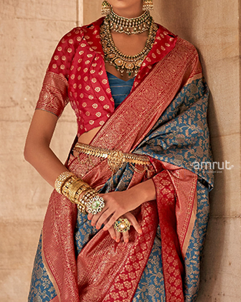 Gray-Blue and Reddish-Maroon Gold-Toned Ethnic Motifs Design Zari Silk Saree with Unstitched Blouse