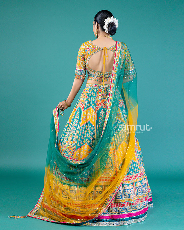 Teal Green and Mustard Yellow Embroidered Lehenga Choli with Yellow Dupatta