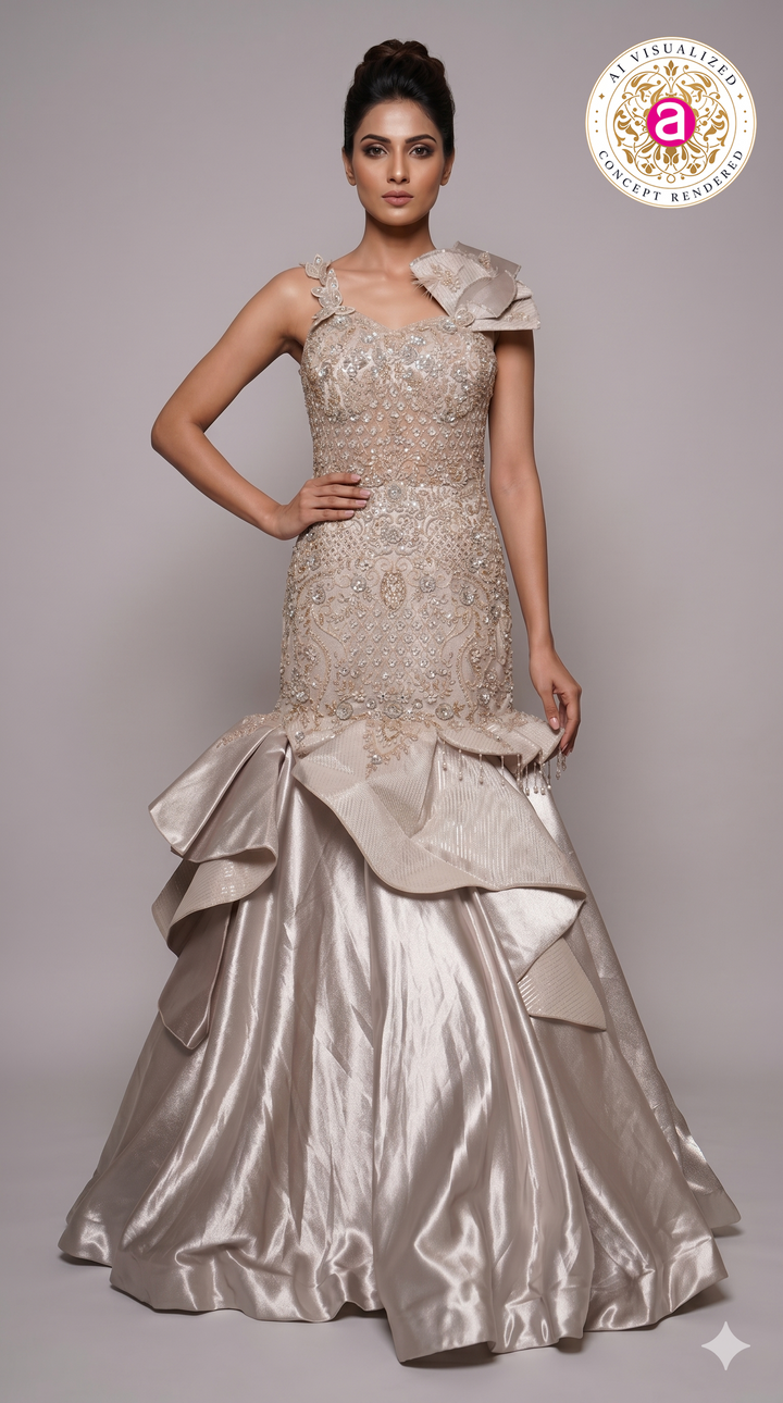 Champagne Beige Embellished Mermaid Gown with Sculpted Ruffle Detailing