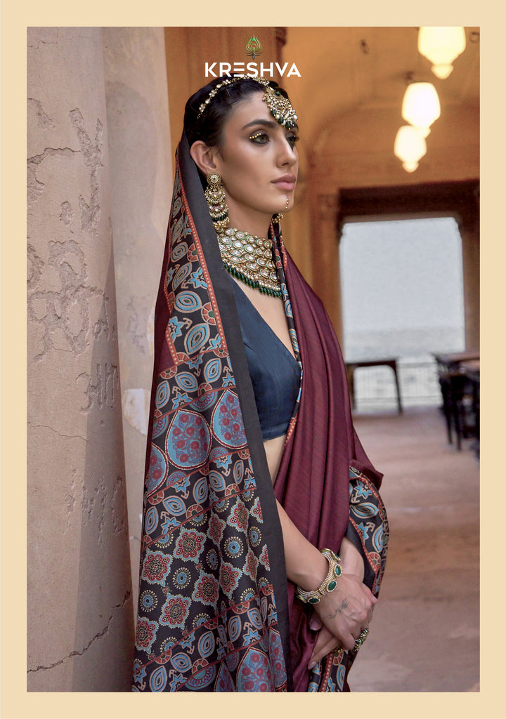 Wine Brown Ajrakh Printed Saree with Teal Heritage Border