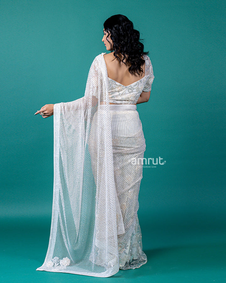 White Saree with Intricate Embroidery, Sequin, and Bead Work