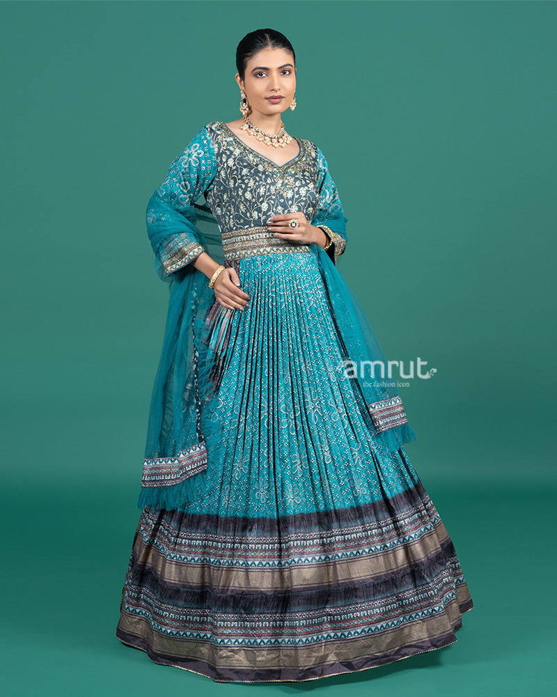 Teal Blue Embroidered Festive Gown with Zari Border and Dupatta