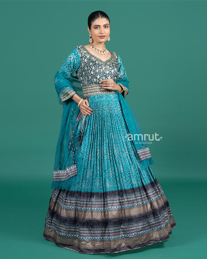 Teal Blue Embroidered Festive Gown with Zari Border and Dupatta
