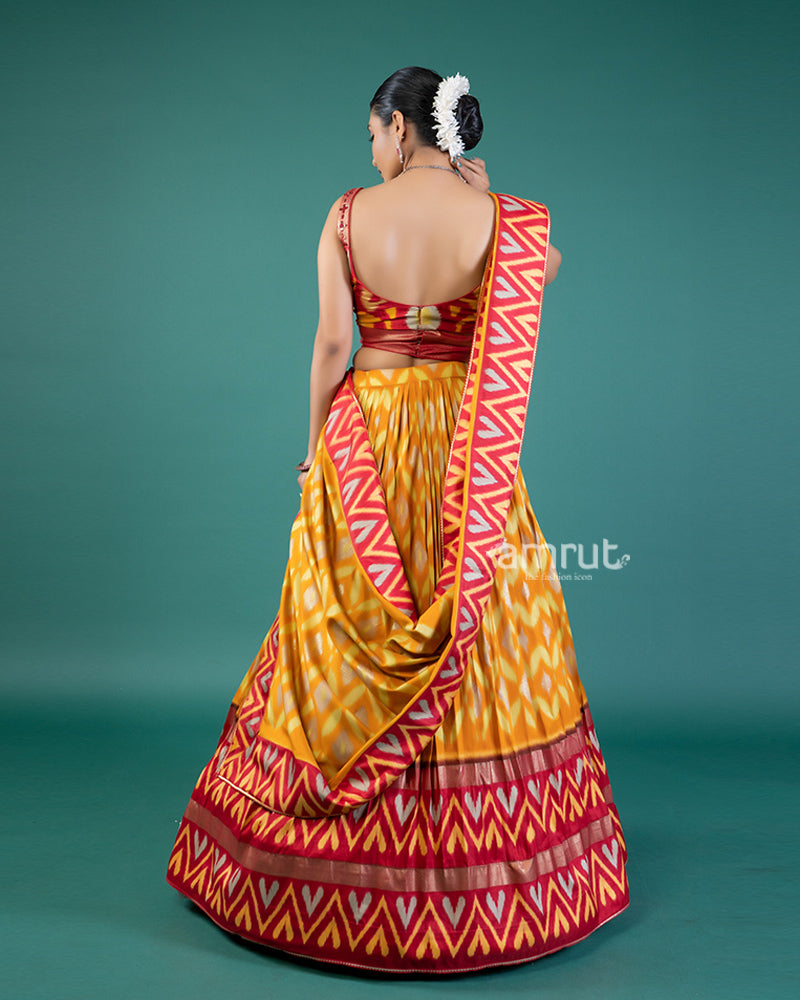 Red & Yellow Ikat Printed Lehenga Choli with Dupatta