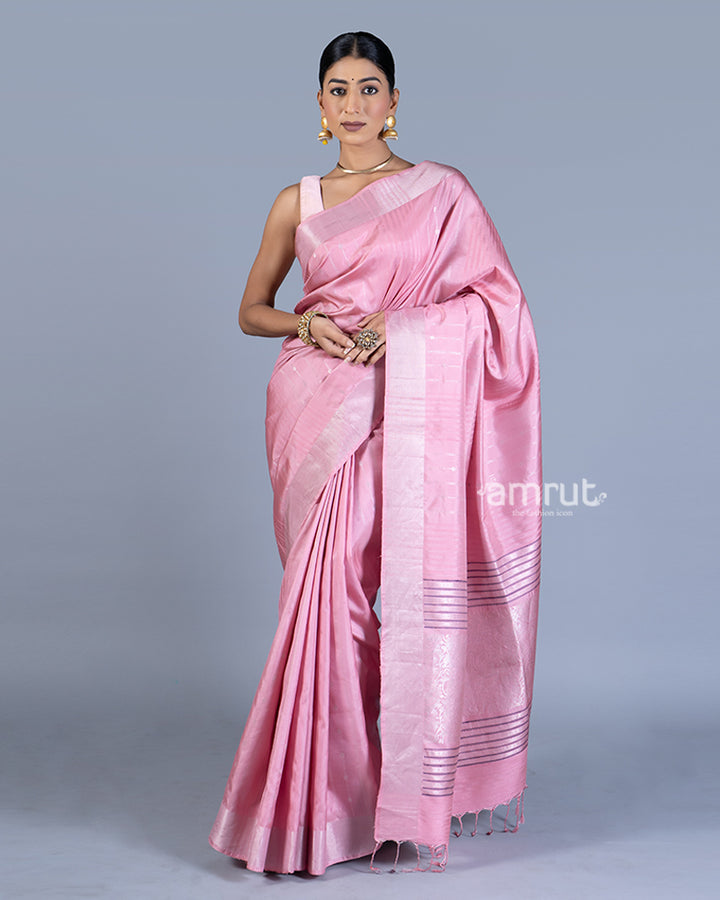 Pastel Pink with Greyish-Pink Stripes Saree with unstitched blouse