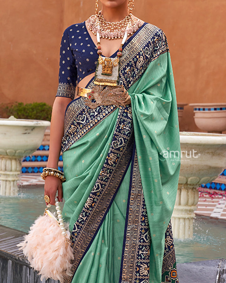 Turquoise Zari Weaving Blue Border Saree in Patola Silk with Unstitched Blouse