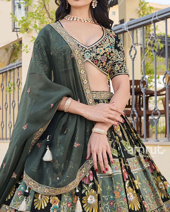 Black Colorful Floral Embroidered Lehenga Choli with Matching Dupatta