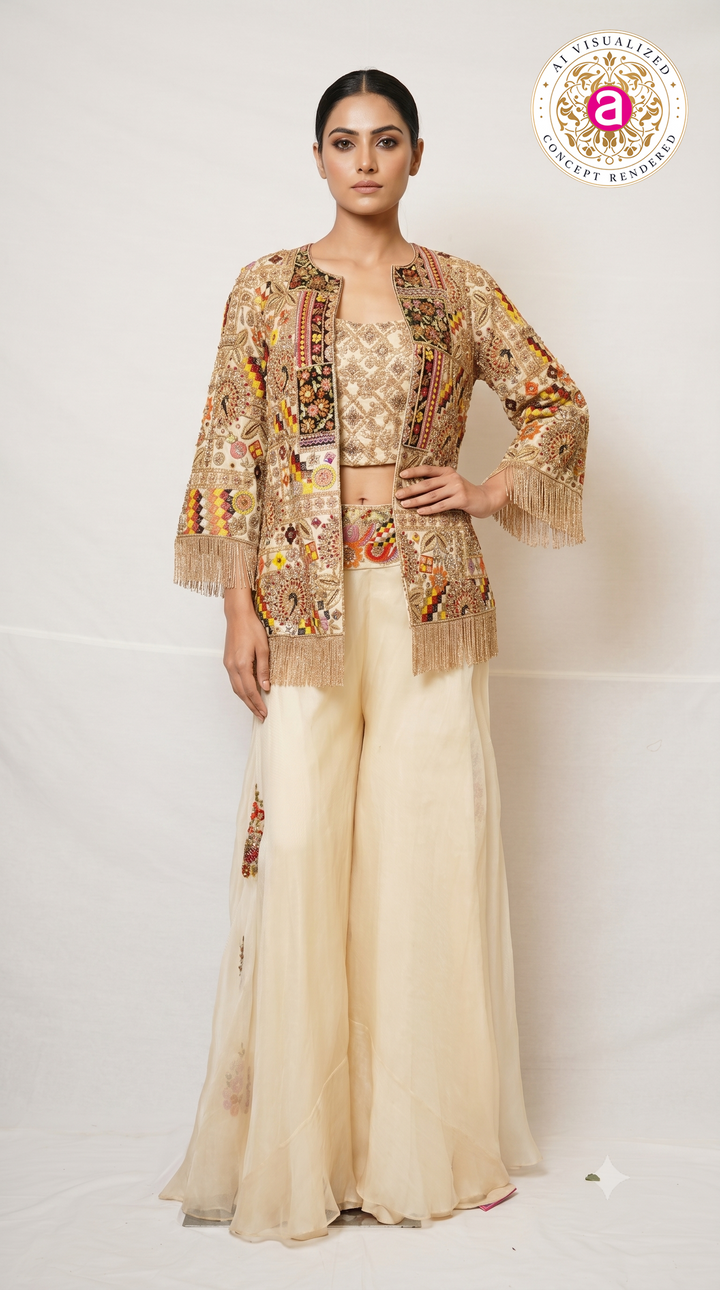 Ivory Heritage Embroidered Jacket Palazzo Set
