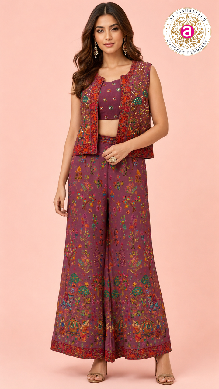 Mauve Stone Work Palazzo Set with Crop Top & Jacket
