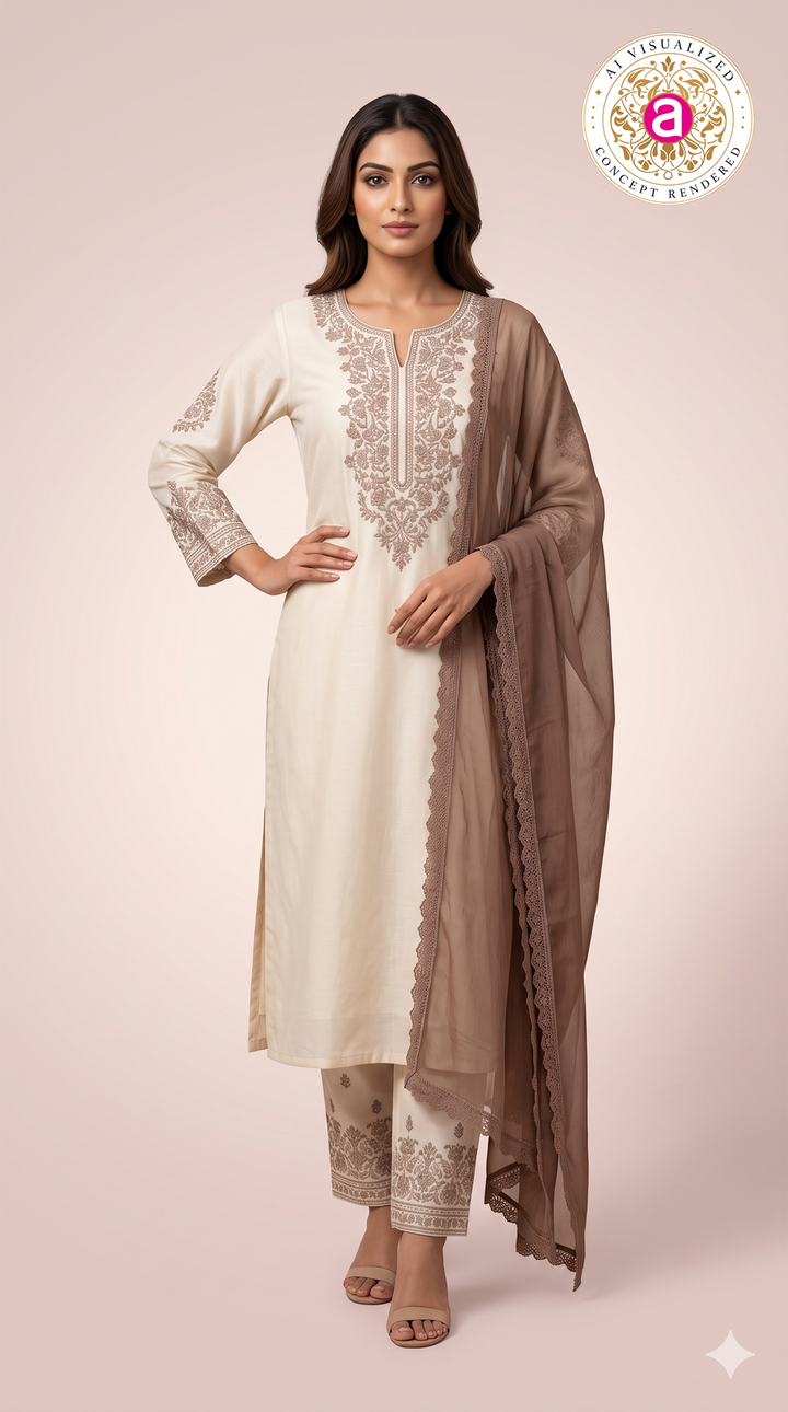 Ivory Embroidered Straight Kurta Set with Brown Dupatta