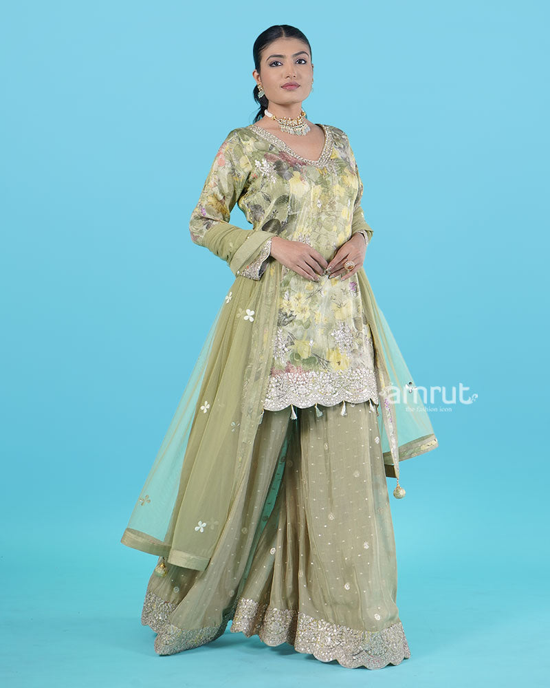 Light Olive Green Floral Embroidered Salwar Kameez and Dupatta