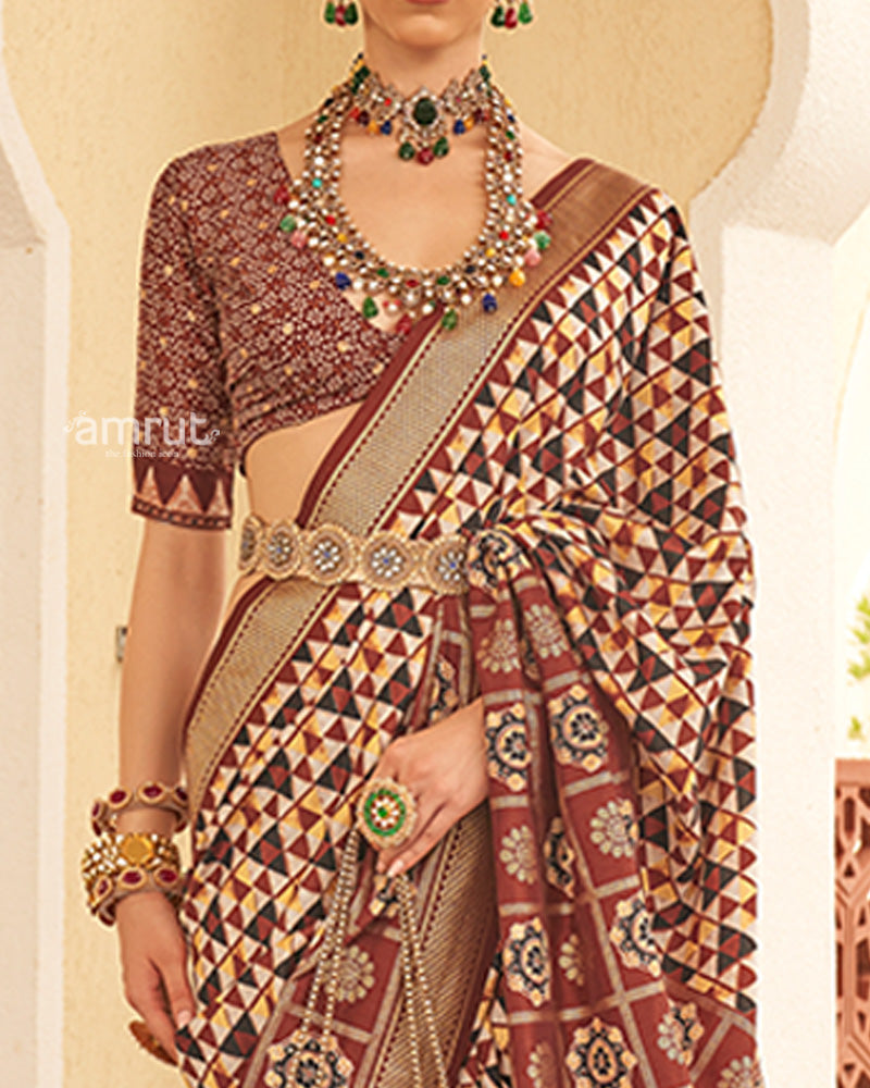 Brown & Cream Geometric Printed Embellished Zari Border Silk Saree with Unstitched Blouse