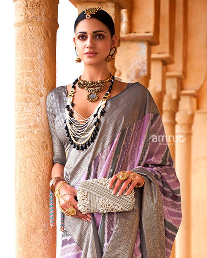 Lavender Striped Pattern and Grey Silver Border Silk Saree with Unstitched Blouse