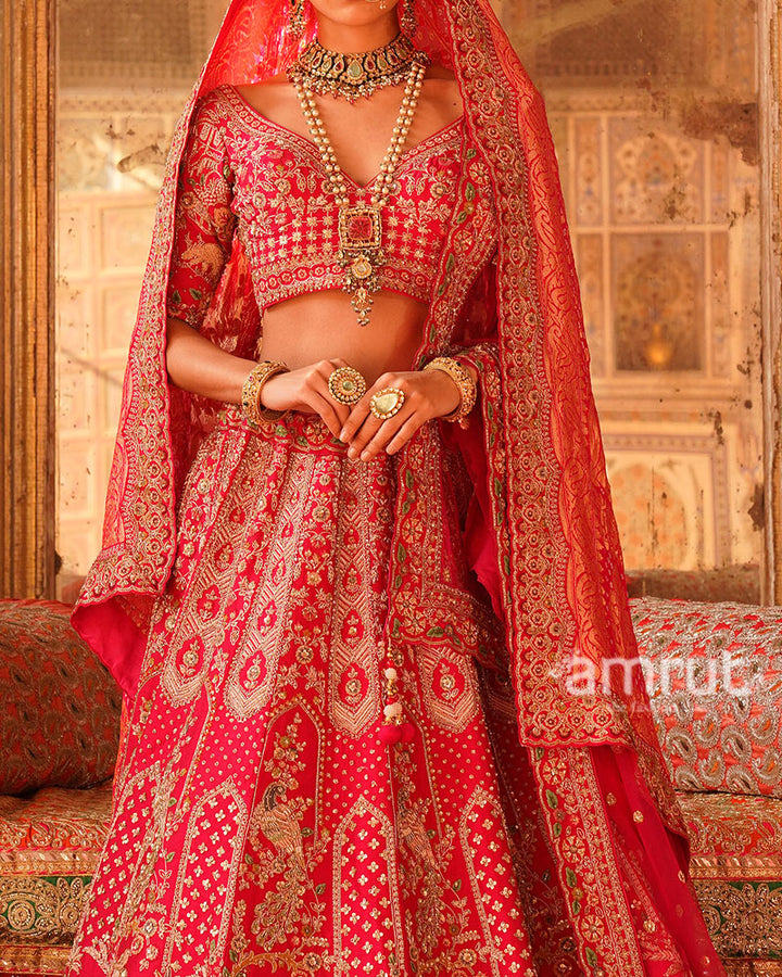 Crimson Pink Elegance Golden Embroidered Bridal Lehenga with Gradient Dupatta