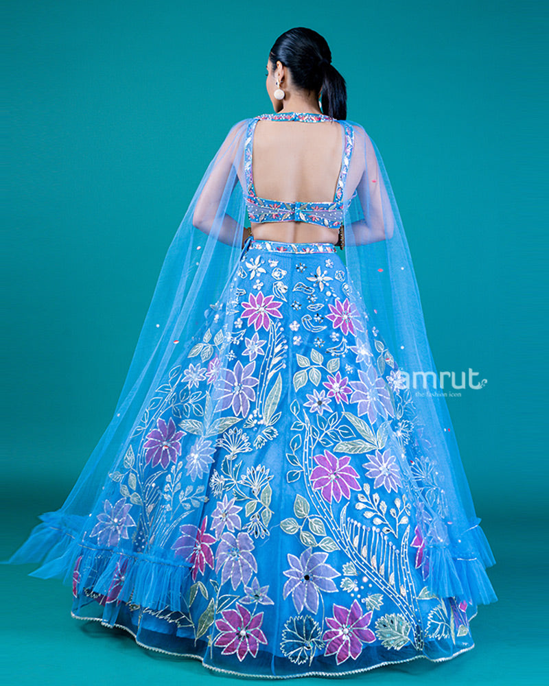 Embellished Blue Koi Lehenga Choli with Floral Embroidery and Attached Dupatta