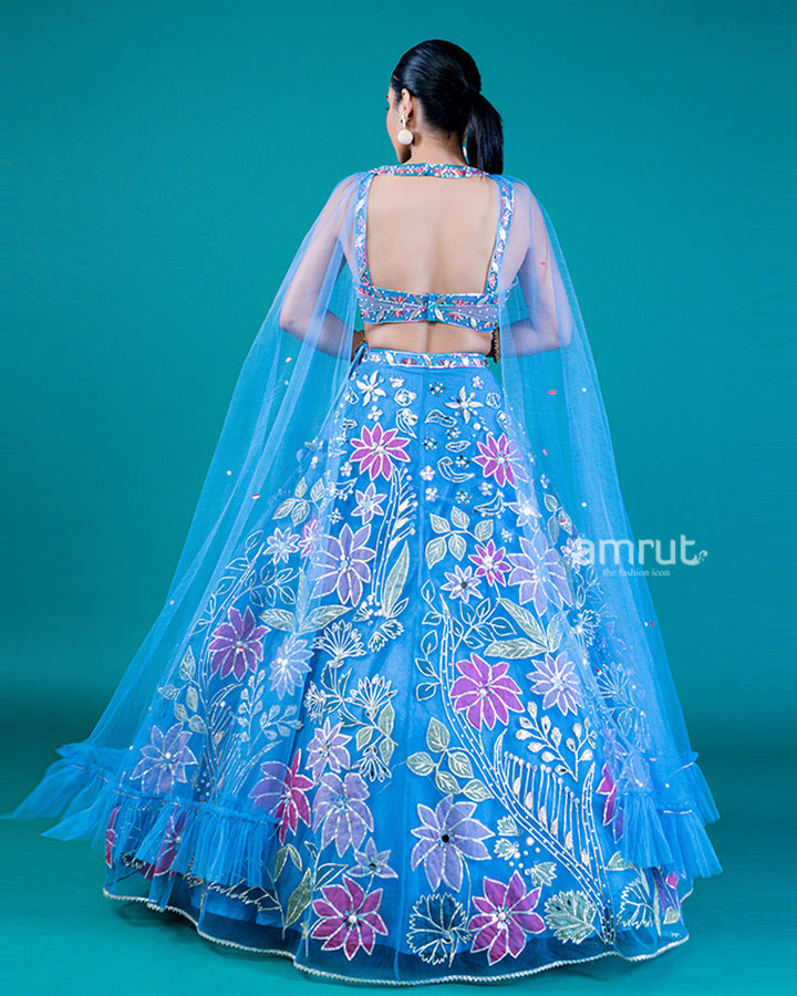 Embellished Blue Koi Lehenga Choli with Floral Embroidery and Attached Dupatta