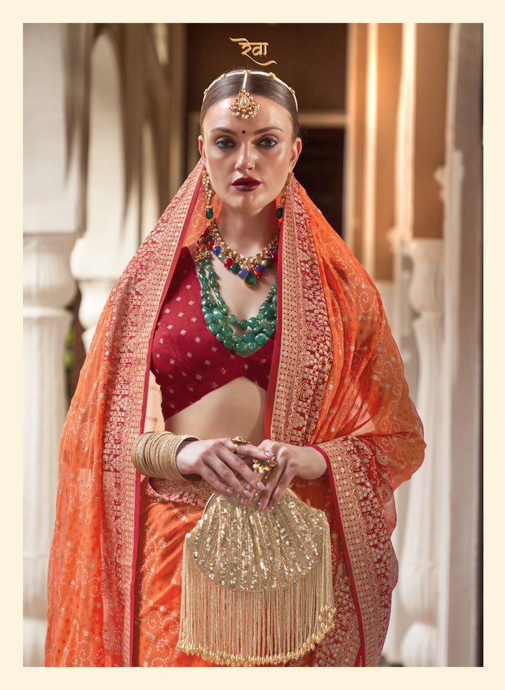 Royal Kesari Orange Leheriya Pattern Georgette Designer Saree