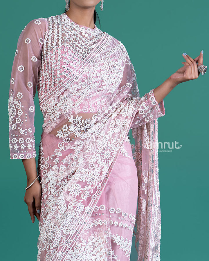 Light Pinkish-Rose Net Saree with White Embroidery and Beaded Long Sleeve Blouse