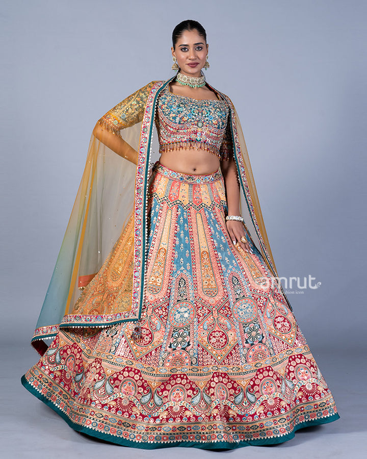 Multi-Colored Embroidered Lehenga and Teal Choli with Ombre Dupatta