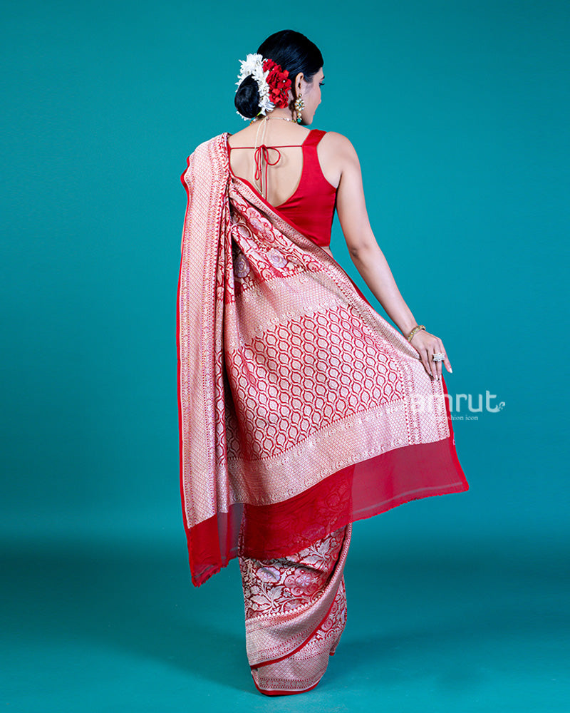 Red Floral Zari Embellishments Saree and Unstitched Blouse