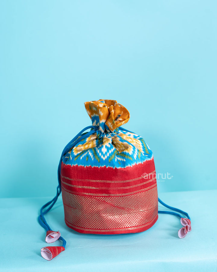 Sky Blue and Red Foil Printed Potli Bag for Women