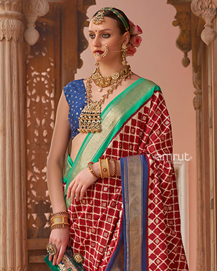 Red Zari Woven Patola Silk Saree with Unstitched Blouse