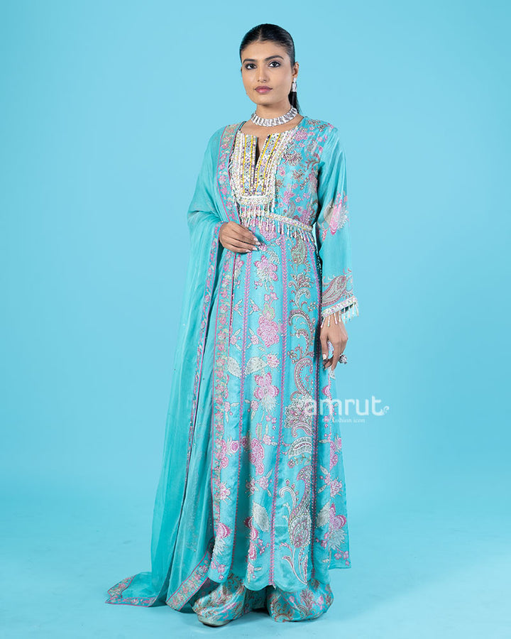 Turquoise Embellished Kameez with Palazzo Pants and Dupatta