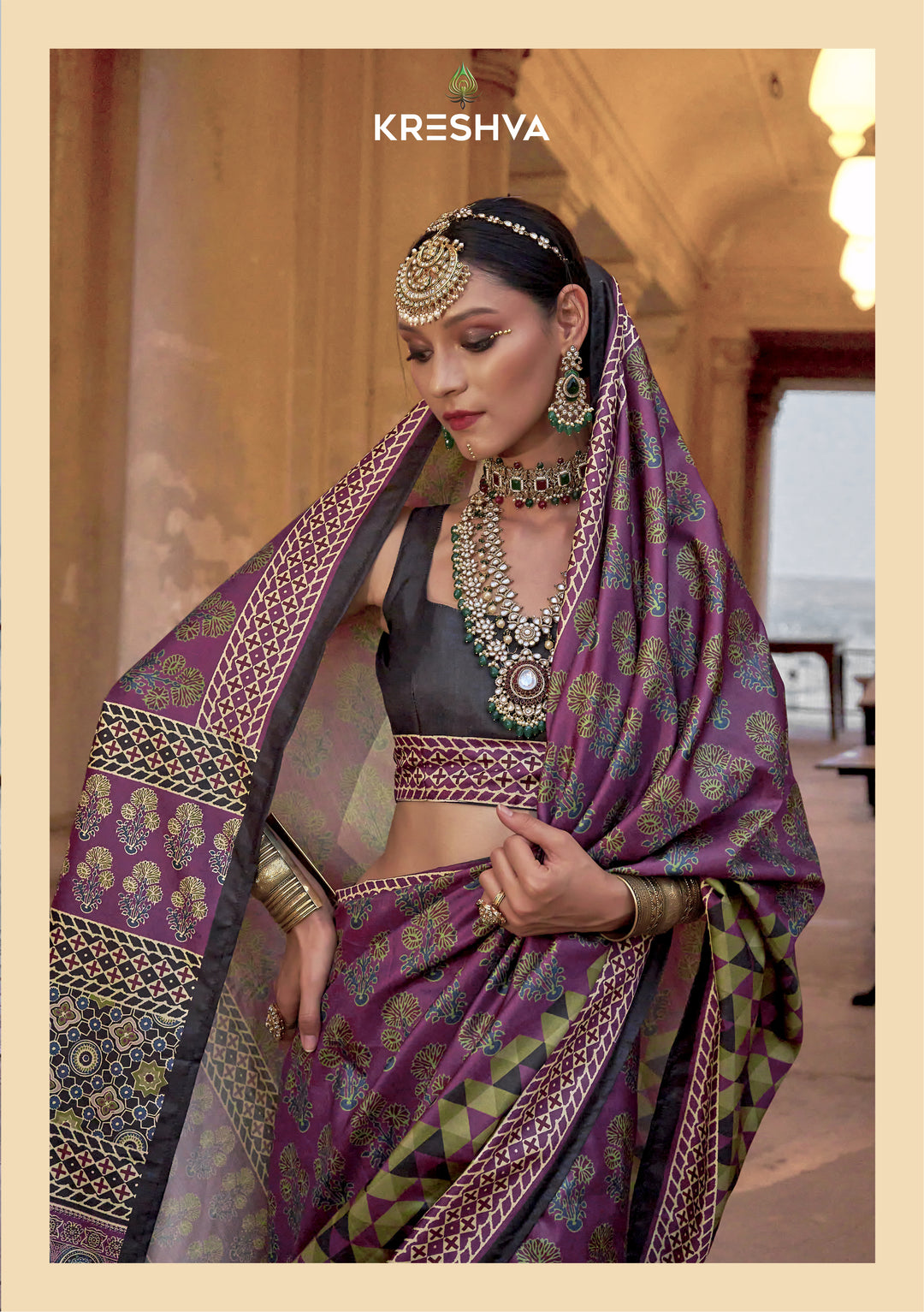Royal Purple Ajrakh Printed Saree with Olive Green Geometric Border