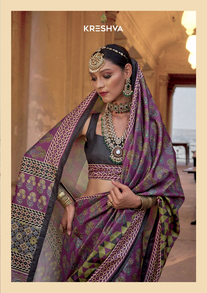 Royal Purple Ajrakh Printed Saree with Olive Green Geometric Border
