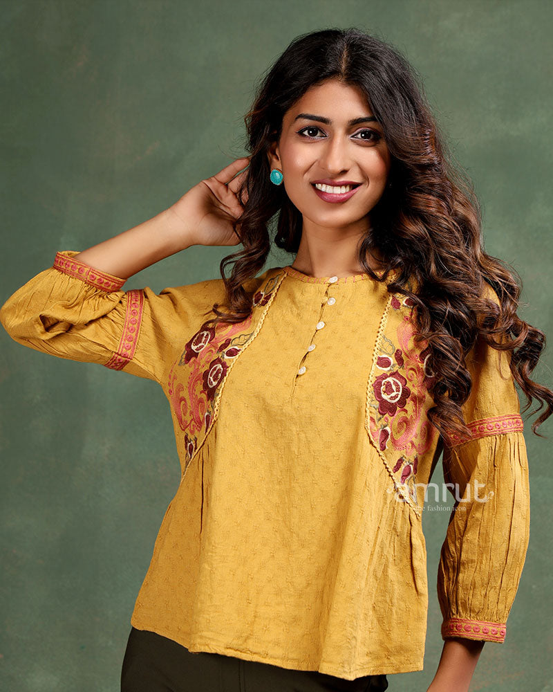 Casual Mustard Yellow Top with 3/4th Sleeves
