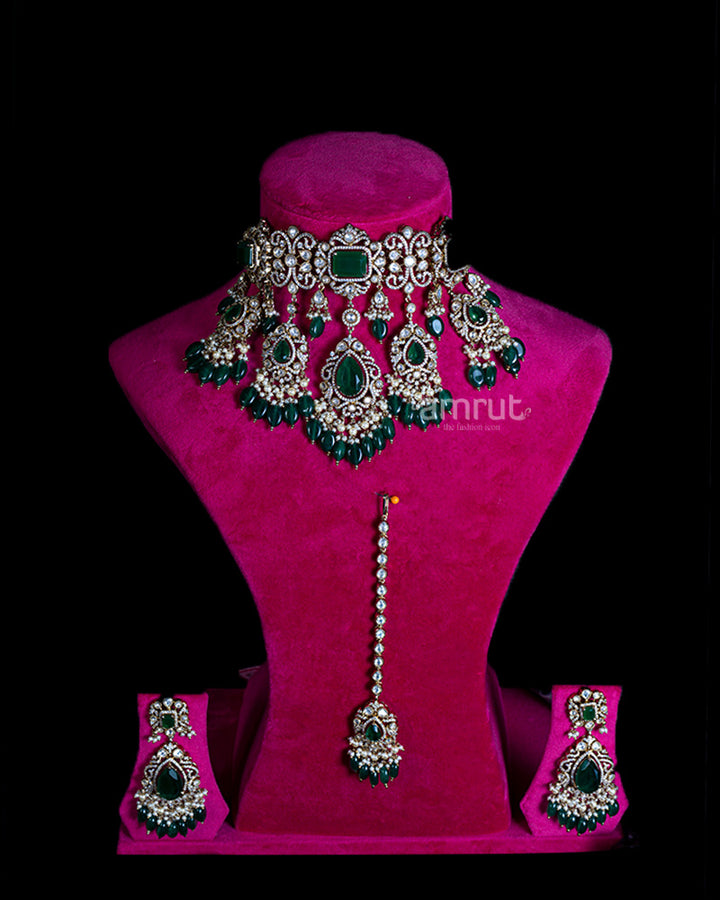 Green Teardrop Bead-Embellished Bridal Choker Necklace with Earrings and Mang Tikka Set