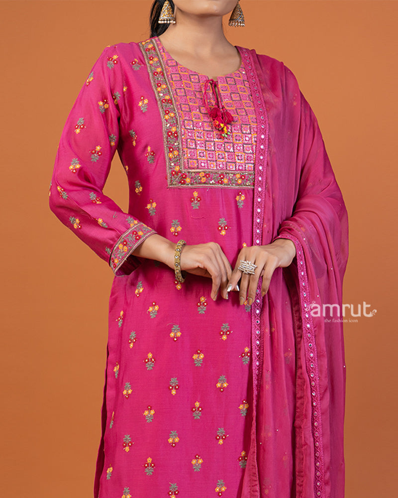 Magenta Pink Floral Buti Embroidered Embellished Salwar Kameez