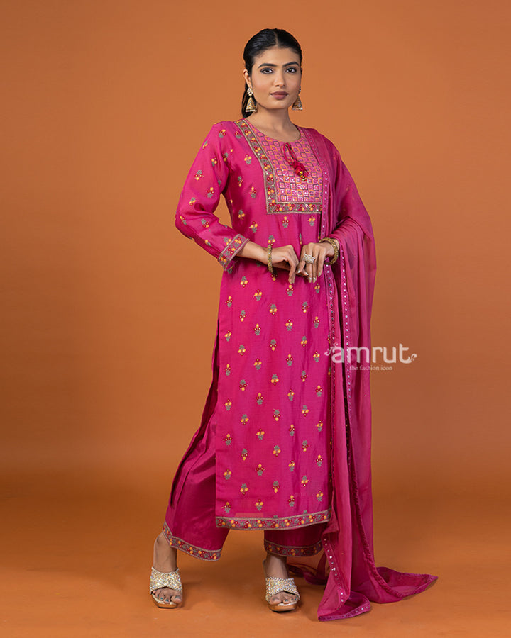 Magenta Pink Floral Buti Embroidered Embellished Salwar Kameez