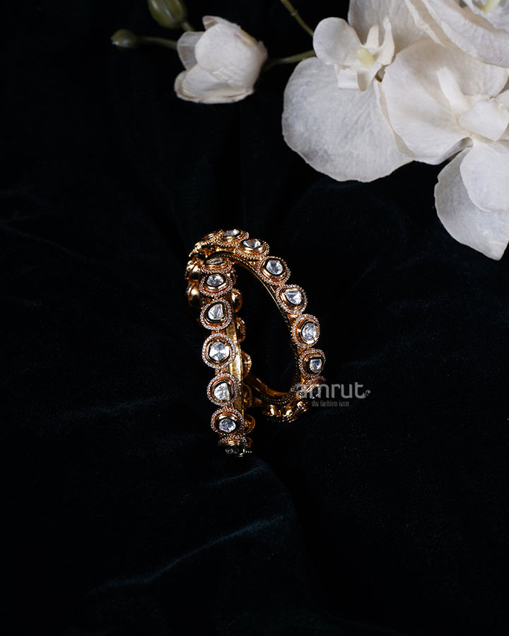 Gold-Toned Bangle Set with Faceted White Stones