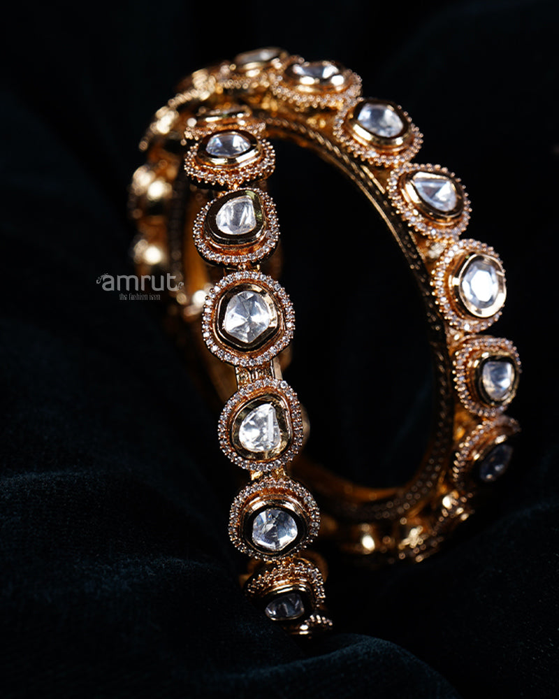 Gold-Toned Bangle Set with Faceted White Stones