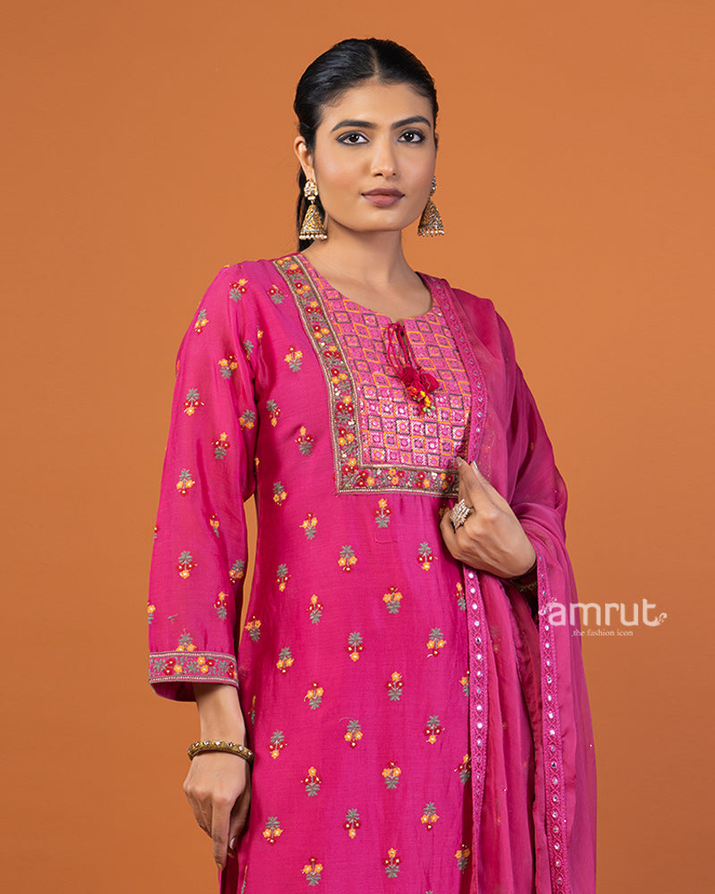 Magenta Pink Floral Buti Embroidered Embellished Salwar Kameez