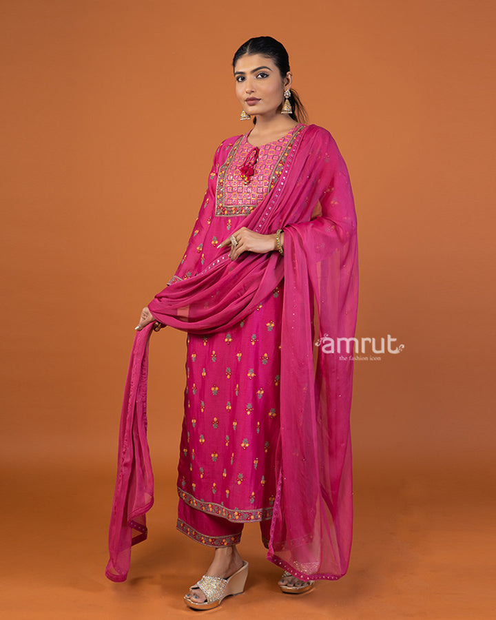 Magenta Pink Floral Buti Embroidered Embellished Salwar Kameez