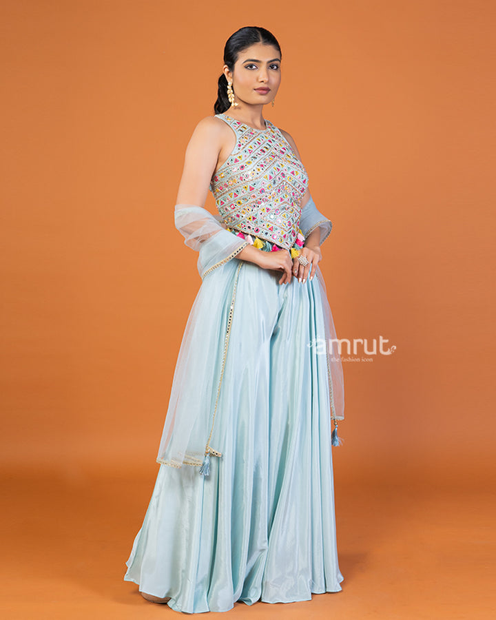 Powder Blue Palazzo with Embroidered Embellished Crop Top and Dupatta