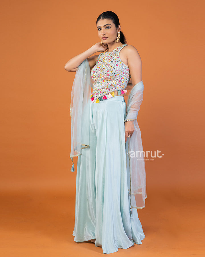 Powder Blue Palazzo with Embroidered Embellished Crop Top and Dupatta